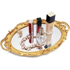 Funerom Vintage 14.5 x 10 inch Decorative Mirror Tray, Makeup Organizer, Jewelry Organizer, Serving Tray (Vintage Gold)