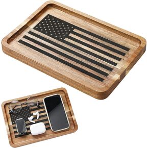 American Flag Valet Tray Mens Wood Catch All Tray Bedside Tray EDC Tray Key Tray for Keys, Watch, Wallet, Jewelry 11 x 7.75 x 1 Inches