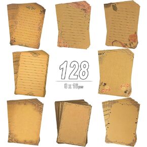 128 Sheets 8 Style Vintage Stationary Paper, 5.7 x 8.3 inch A5 Size 100gsm Kraft Floral Printed Letter Writing Stationery Bulk Set for Personalized Letters, Creative Poems, Lyrics, Notes, etc.