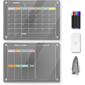 Acrylic Magnetic Monthly & Weekly Calendar for Fridge, 2 Pcs Dry Erase Planner, Refrigerator Clear Reusable Calendar 12" x 16", Includes 6 Markers-Magnetic Marker Holder-Cleaning Cloth in Kuwait