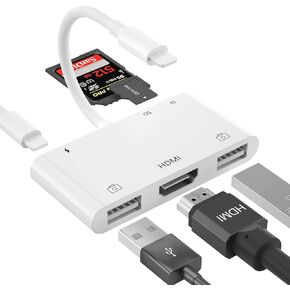 Lightning to HDMI Adapter with USB Camera, 6-in-1 TF & SD Card Reader, Charging Port for iPhone - Supports MIDI Keyboard, Mouse, HD TV/Projector/Monitor - Compatible with iOS 16