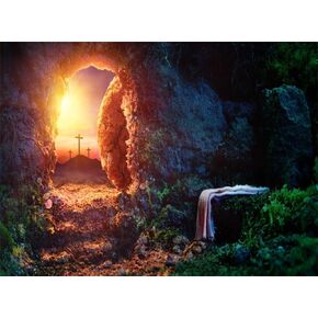 Leowefowa 6x4ft Resurrection of Jesus Backdrop Easter Sunrise Holy Light Empty Tomb Remote Peak Three Crosses Background for Photo Bible Story Church Mural Sanctuary Decor Christianity Wallpeper