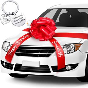 20 Inches Car Bow Sweet for Happy Birthday 16 Car Red Pull Bow Car Large Wrapping Bow Decoration with 20 Feet Car Ribbon and Sweet Keychain for 16th Birthday