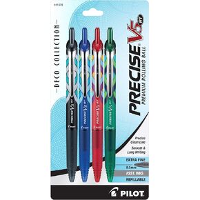 Pilot, Precise V5 RT Deco Collection Refillable & Retractable Liquid Ink Rolling Ball Pens, Extra Fine Point 0.5 mm, Black/Blue/Red/Green/Purple, Pack of 5