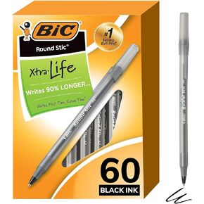 BIC Round Stic Xtra Life Ballpoint Pen, Medium Point (1.0mm), Black, 60-Count