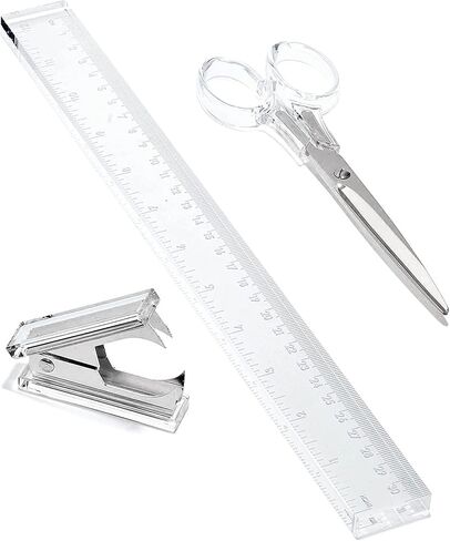 OfficeGoods 3 Piece Acrylic Desk Set - Includes Ruler, Staple Remover, Scissors - Functional & Elegant Desk Accessories - Stationery Tools for Home, Office, and School - Blue with Silver Metal in Saudi Arabia