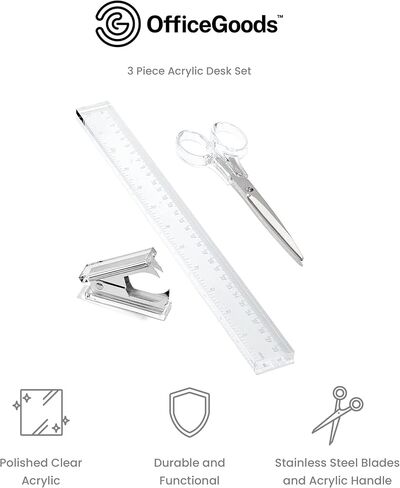 OfficeGoods 3 Piece Acrylic Desk Set - Includes Ruler, Staple Remover, Scissors - Functional & Elegant Desk Accessories - Stationery Tools for Home, Office, and School - Blue with Silver Metal in Saudi Arabia