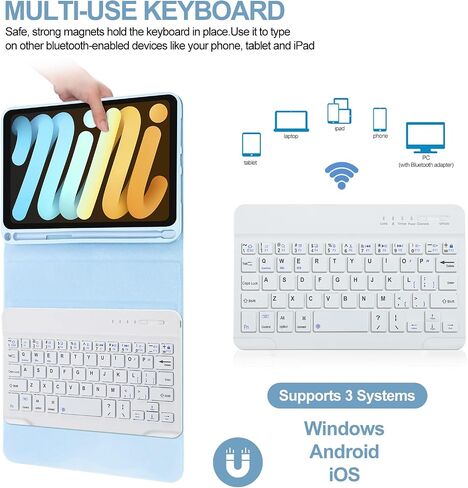 حافظة لوحة مفاتيح BORIYUAN iPad Mini 6 2021، 7 ألوان بإضاءة خلفية قابلة للفصل وغطاء ذكي نحيف لجهاز iPad Mini الجيل السادس 8.3 بوصة - أسود in Kuwait
