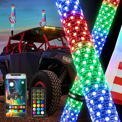 2 قطعة 3FT LED أضواء السوط مع بلوتوث وجهاز التحكم عن بعد 360 درجة دوامة مطاردة الطرق الوعرة تحذير مضاءة هوائي الرقص السياط جنبا إلى جنب in Kuwait