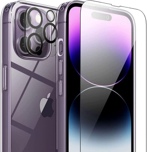 حافظة لهاتف iPhone 14 Pro Max مع واقي شاشة من الزجاج المقوى 2X + واقي عدسة الكاميرا 2X [حماية كاملة] - شفاف كريستالي in Saudi Arabia