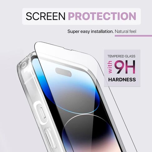 حافظة لهاتف iPhone 14 Pro Max مع واقي شاشة من الزجاج المقوى 2X + واقي عدسة الكاميرا 2X [حماية كاملة] - شفاف كريستالي in Saudi Arabia
