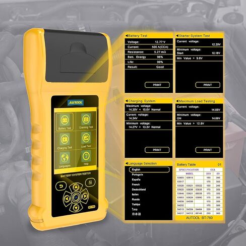 جهاز اختبار حمل البطارية AUTOOL Automotive 12V/24V 30-2000 CCA، أداة مسح ضوئي لمحلل البطارية ونظام التدوير والشحن مع طابعة للشاحنات الثقيلة والسيارات والدراجات النارية والمزيد in Kuwait