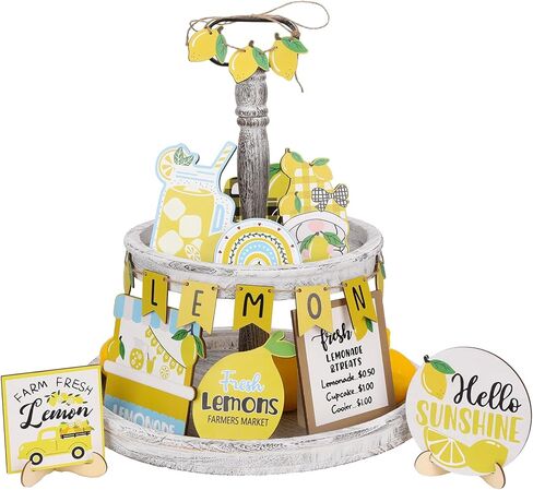 19 Pcs Lemon Tiered Tray Decor Set, Wooden Summer Lemon Decor, Lemon Themed Kitchen Decor Summer Tiered Tray Decorations Set for Kitchen Decor and Accessories Theme Set in Saudi Arabia