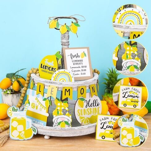 19 Pcs Lemon Tiered Tray Decor Set, Wooden Summer Lemon Decor, Lemon Themed Kitchen Decor Summer Tiered Tray Decorations Set for Kitchen Decor and Accessories Theme Set in Saudi Arabia