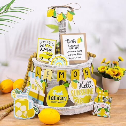 19 Pcs Lemon Tiered Tray Decor Set, Wooden Summer Lemon Decor, Lemon Themed Kitchen Decor Summer Tiered Tray Decorations Set for Kitchen Decor and Accessories Theme Set in Saudi Arabia