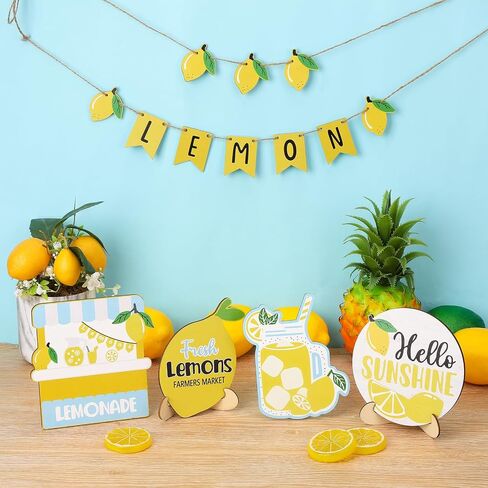 19 Pcs Lemon Tiered Tray Decor Set, Wooden Summer Lemon Decor, Lemon Themed Kitchen Decor Summer Tiered Tray Decorations Set for Kitchen Decor and Accessories Theme Set in Saudi Arabia