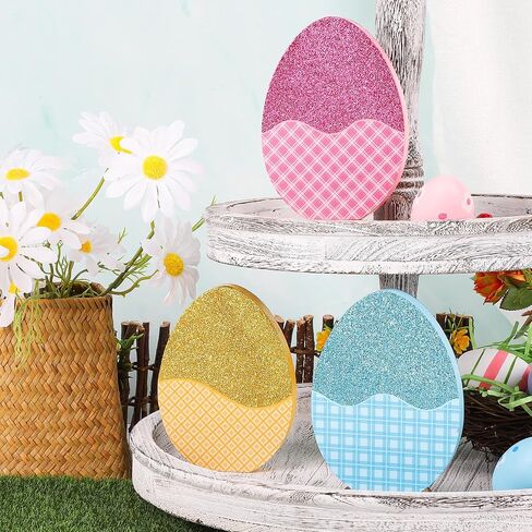 3 Pieces Glitter Easter Egg Table Wooden Signs,Happy Easter Tiered Tray Decor, Double Printed Decor for Easter Party Desk Office Home Farmhouse Gift（Simple） in Saudi Arabia