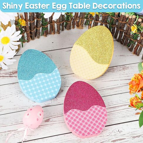 3 Pieces Glitter Easter Egg Table Wooden Signs,Happy Easter Tiered Tray Decor, Double Printed Decor for Easter Party Desk Office Home Farmhouse Gift（Simple） in Saudi Arabia