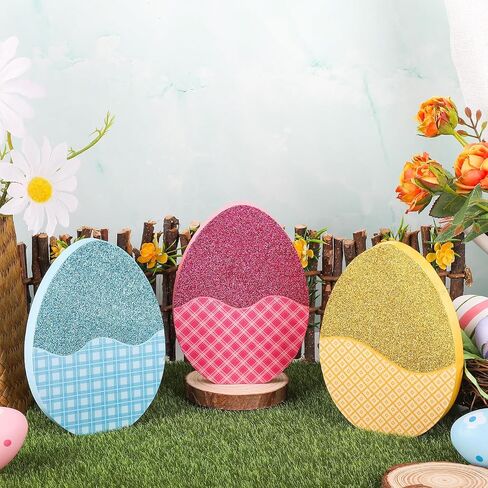 3 Pieces Glitter Easter Egg Table Wooden Signs,Happy Easter Tiered Tray Decor, Double Printed Decor for Easter Party Desk Office Home Farmhouse Gift（Simple） in Saudi Arabia