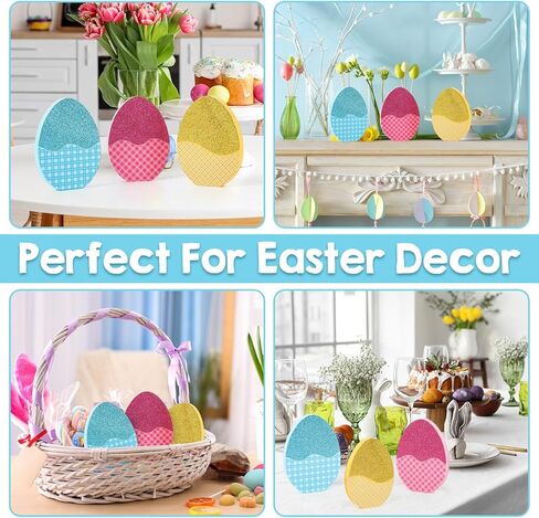 3 Pieces Glitter Easter Egg Table Wooden Signs,Happy Easter Tiered Tray Decor, Double Printed Decor for Easter Party Desk Office Home Farmhouse Gift（Simple） in Saudi Arabia