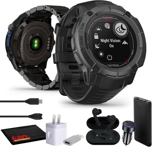 ساعة ذكية Garmin Instinct 2X Solar - إصدار تكتيكي باللون الأسود، ساعة ذكية بنظام تحديد المواقع العالمي (GPS) متينة للاستخدام الخارجي للرجال، إمكانية الشحن بالطاقة الشمسية، آلة حاسبة للمقذوفات، حزمة ساعة ذكية بمصباح يدوي مدمج مع ملحقات in Saudi Arabia