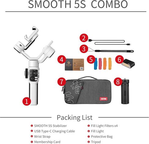 Zhiyun Smooth 5S Combo Professional Gimbal Stabilizer for Smartphone, Handheld 3-Axis Phone Gimbal, Portable Stabilizer Compatible with iPhone and Android - White in Saudi Arabia