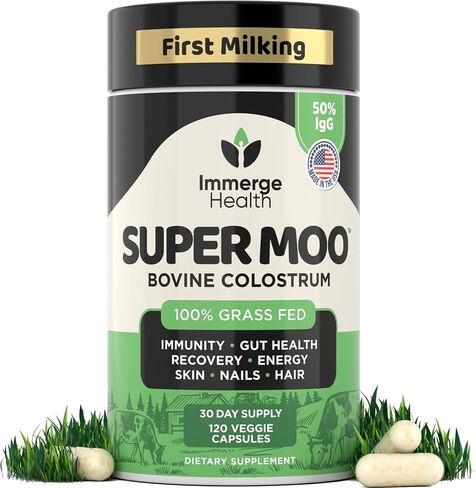 Super Moo Grass Fed Bovine Colostrum - 120 Capsules - Gut Health, Muscle Recovery, Energy, Hair, Skin and Immune Supplement | 50% IgG Cow Colostrum for Humans | Superfood, Gluten Free, Unflavored. in Saudi Arabia
