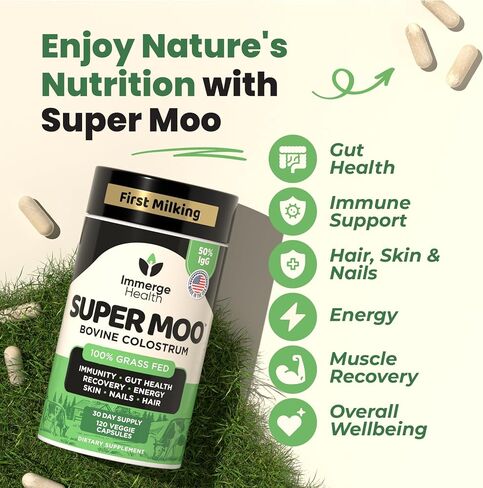 Super Moo Grass Fed Bovine Colostrum - 120 Capsules - Gut Health, Muscle Recovery, Energy, Hair, Skin and Immune Supplement | 50% IgG Cow Colostrum for Humans | Superfood, Gluten Free, Unflavored. in Saudi Arabia