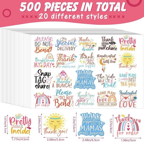 500 Pcs Small Business Stickers Thank You Business Stickers Rainbow Stickers for Packaging Small Business Rainbow Packaging Stickers Thank You Label Stickers Cute Envelope Seals Handle, 20 Styles in Saudi Arabia