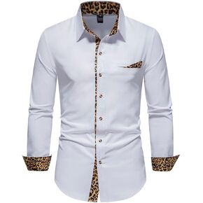 Kinkia Men's Dress Shirts Regular Fit Stretch Long Sleeve Leopard Collar Button Down Shirt for Wedding Business