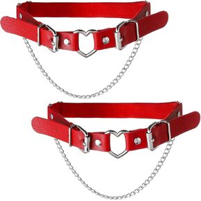 FM FM42 Plus Size 21.06"-30.42" Multicolor PU Simulated Leather Love Heart Ring Chain Leg Thigh Elastic Garter, One Pair