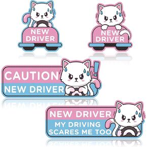 4pcs Cartoon Cat Student Driver Magnets - علامات سائق جديدة عاكسة ، وملصقات أمان مصد قابلة لإعادة الاستخدام للمراهقين (تصميم القط العصبي)
