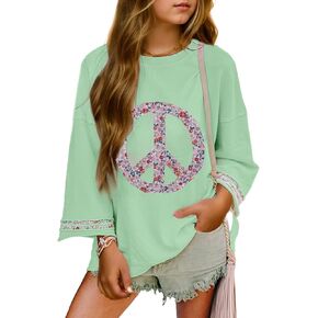 SELINK Girls Long Sleeve Tops Peace Sign Shirts Floral Peace Symbol Crewneck Tunic Shirt Casual Pullover Top