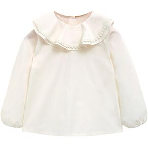 Ozkiz 'Heidi' Cotton Ruffle Neck Long Sleeve Blouse for Girls Toddler Little Kids_White, US Size 6Y
