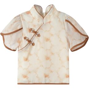 Mud Kingdom Girls Short Sleeve Hanfu Shirt Blouse Floral Chinese Knot Summer Casual Vintage Top Organza