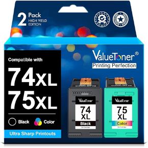 خرطوشة حبر Valuetoner معاد تصنيعها لخرطوشة حبر HP 74XL و75XL عالية الإنتاجية CC634BN CB336WN CB338WN (1 أسود، 1 ثلاثي الألوان) عبوة من 2