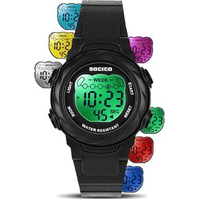 SOCICO Kids Digital Watches for Girls Boys, 7 Color Lights Waterproof Sport Outdoor Wristwatch with Stopwatch, Alarm, Date, Great Gift for Child Ages 5-12