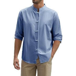 Zaitun Mens Cotton Linen Shirts Casual Buttons Down Roll-Up Sleeve Shirt Summer Chinese Style T-Shirts