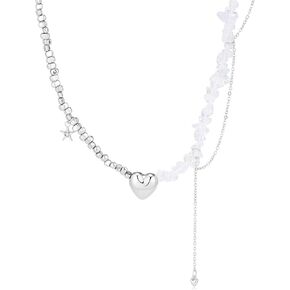 KURTCB Heart Pendant Necklace Y2k Irregular Beads Fringe Chain Choker Necklace for Women