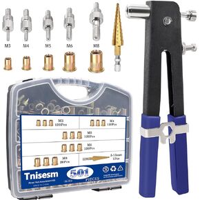 Tnisesm 501Pcs Rivet Nut Tool Kit, Metric Rivnut Kits,Professional Nutsert Tool Kit with Rivet Nuts Assortment Kit(M8/M6/M5/M4/M3) Rivet Nut Tool Suitable for Automotive,Industrial Applications