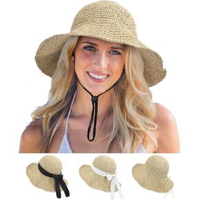 Sun Hats for Women, Oversize Large Straw Bucket Hat for Beach Summer Vacation Wide Brim Handmade Packable Travel UPF 50+