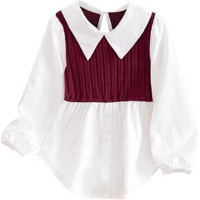 SweatyRocks Girl's Color Block Collar Blouse Button Front Ribbed Knit Long Sleeve Dress Shirts