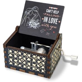 Can't Help Falling in Love Music Box, Hand Crank Vintage Wood Engraved Musical Boxes Case, Anniversary Valentines Birthday for Lover, Boyfriend, Girlfriend, Wife, Husband (Black)