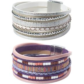 2 Pcs Leather Wrap Bracelets for Women Boho Rustic Multi-Layer Bracelet Clasp Beads Stackable Faux Rhinestone Bracelet Cuff for Women Slender Wrist