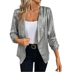 WDIRARA Women's Sequin Glitter Open Front Blazer Casual Long Sleeve Sparkl Jacket Outerwear