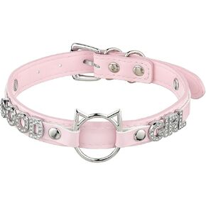 Black O-ring Choker Collar For Women, Pink Vegan Leather Choker Necklace Jewelry with Cat-shaped Ring and Rhinestone Letters