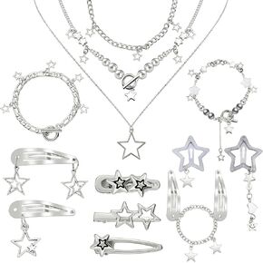 Quelay 13 Pcs Y2k Accessories Y2k Jewelry for Women Included Star Hair Clips Star Necklace Bracelets 2000s Hair Accessories for Party Stage Performance Role Playing Birthday Date Gift