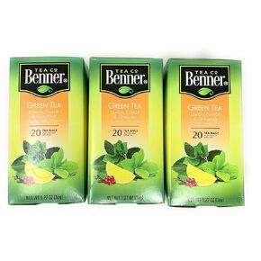 Benner Green Tea with Lemon, Ginseng - 20 count Individually Wrapped - Pack of 3