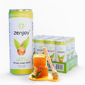 Stress Reief Drink, Calming Green Tea, Non Alcoholic, Ashwagandha & Lemon Balm for Stress Relief, L - Theanine for Focus (12 Pack) (Honey)