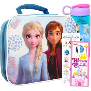 Disney Frozen Frozen Bottle Bott Bundle ~ حقيبة غداء مجمدة وزجاجة مياه قابلة لإعادة ملء 16.5 أوقية مع ملصقات | الملحقات المجمدة (قد تختلف الأنماط)